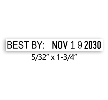 This Best By dater is perfect for your industry needs. The max width is 1-3/4", w/ a character height of 5/32" and 6 year bands. Orders over $100 ship free!