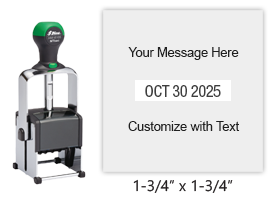 Customize this 1-3/4" square date stamp free with 3 lines of text above and below the date. Available in 11 ink colors. Ships in 1-2 business days!