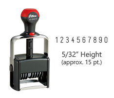 Stock heavy duty 5/32" height numbering stamp with 10 manual bands available in 11 ink colors! Great for high volume stamping. Ships in 7-10 business days!