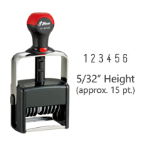 Stock heavy duty 5/32" height numbering stamp with 6 manual bands available in 11 ink colors! Great for high volume stamping. Ships in 7-10 business days!