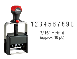 Heavy duty 3/16" height stock numbering stamp with 10 manual bands available in 11 ink colors! Great for high volume stamping. Ships in 7-10 business days!