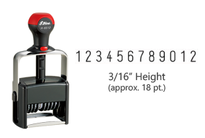 Heavy duty 3/16" height stock numbering stamp with 12 manual bands available in 11 ink colors! Great for high volume stamping. Ships in 7-10 business days!