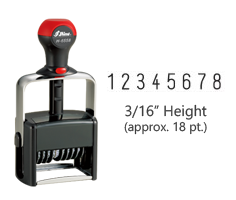 Heavy duty 3/16" height stock numbering stamp with 8 manual bands available in 11 ink colors! Great for high volume stamping. Ships in 7-10 business days!