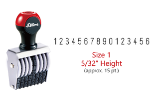 Stock traditional numbering stamp has a 5/32" character height, approx. 16 pt., with 16 bands. Use with ink pad sold separately. Ships in 1-2 business days!