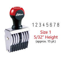 Stock traditional numbering stamp has a 5/32" character height, approx. 16 pt., with 8 bands. Use with ink pad sold separately. Ships in 7-10 business days!