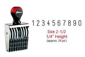 Stock traditional numbering stamp has a 1/4" character height, approx. 24 pt., with 10 bands. Use with ink pad sold separately. Ships in 7-10 business days!