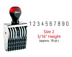 Stock traditional numbering stamp has a 3/16" character height, approx 18 pt., with 10 bands. Use with ink pad sold separately. Ships in 1-2 business days!
