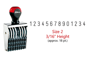 Stock traditional numbering stamp has a 3/16" character height, approx. 18 pt., with 14 bands. Use with ink pad sold separately. Ships in 7-10 business days!