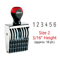 Stock traditional numbering stamp has a 3/16" character height, approx. 18 pt., with 6 bands. Use with ink pad sold separately. Ships in 7-10 business days!