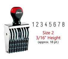 Stock traditional numbering stamp has a 3/16" character height, approx 18 pt., with 8 bands. Use with ink pad sold separately. Ships in 1-2 business days!