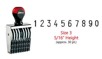Stock traditional numbering stamp has a 5/16" character height, approx 30 pt., with 10 bands. Use with ink pad sold separately. Ships in 1-2 business days!