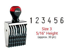Stock traditional numbering stamp has a 5/16" character height, approx. 30 pt., with 6 bands. Use with ink pad sold separately. Ships in 7-10 business days!