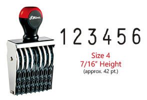 Stock traditional numbering stamp has a 7/16" character height, approx. 48 pt., with 6 bands. Use with ink pad sold separately. Ships in 7-10 business days!