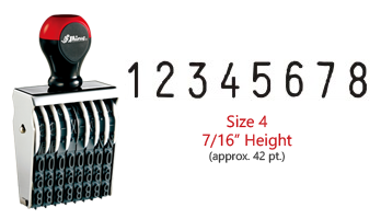 Stock traditional numbering stamp has a 7/16" character height, approx 42 pt., with 8 bands. Use with ink pad sold separately. Ships in 1-2 business days!
