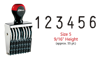 Stock traditional numbering stamp has a 9/16" character height, approx. 56 pt., with 6 bands. Use with ink pad sold separately. Ships in 7-10 business days!