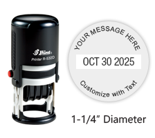Personalize this 1-1/4" round date stamp free with up to 4 lines of text in your choice of 11 ink colors. Great for office use. Ships in 1-2 business days!