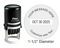 Personalize this 1-1/2" round date stamp free with up to 4 lines of text in your choice of 11 ink colors. Great for office use. Ships in 1-2 business days!