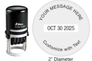 Personalize this 2" round date stamp free with up to 4 lines of text in your choice of 11 ink colors. Great for office use. Ships in 1-2 business days!