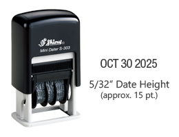 Stock self-inking dater with manual bands include a changeable date up to 11 years with a height of 5/32", approx. 15 pt. font. Ships in 1-2 business days!