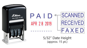 Stock 4-in-1 self-inking dater with a height of 5/32", 15 pt. font and included 4 interchangeable rubber die phrases. Ships in 1-2 business days!