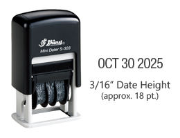Stock self-inking dater with manual bands include a changeable date up to 11 years with a height of 3/16", approx. 18 pt. font. Ships in 1-2 business days!