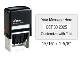 Personalize this 15/16" x 1-5/8" date stamp free with up to 2 lines of text in 11 ink color options. Great for office use. Ships in 1-2 business days!