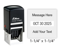 Personalize this 1-1/4" square date stamp free with up to 4 lines of text in your choice of 11 ink colors. Great for office use. Ships in 1-2 business days!