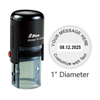 Personalize this 1" round date stamp free with up to 2 lines of text in your choice of 11 ink colors. Great for office use. Ships in 1-2 business days!