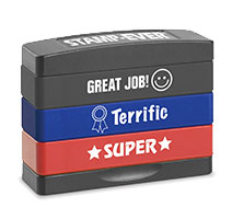Teacher stamps, three messages in one. Trodat pre-inked teacher Stakz stamps. Impressions include Super, Great Job and Terrific. Easy to use. Ships fast.