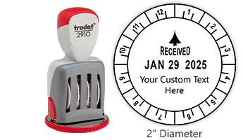 Personalize this Trodat 12 hour date & time stamp w/ your own custom text! Impression is 2" in diameter w/ rotating dial for time. Orders over $75 ship free!