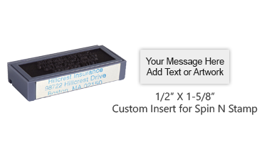 This insert is customizable with up to 3 lines of text or artwork and fits the Spin 'n Stamp case. Available in 11 ink colors. Ships in 4-5 business days.