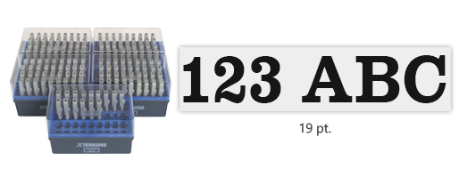 This 159 piece set includes letters and numbers in Roman font that can be connected vertically or horizontally to create a message. Use with separate ink pad.