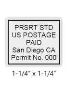 Customize this 1-1/4" x 1-1/4" bulk rate Presorted Standard available in black ink only. Great for high volume stamping on mail. Orders over $60 ship free!