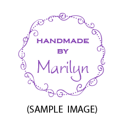 Customize this Handmade By w/ swirl border stamp with your name or company info in your choice of 11 ink colors! Free shipping on orders over $45!