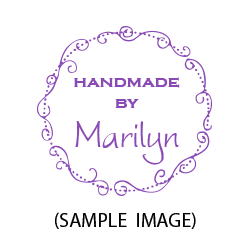 Customize this Handmade By w/ swirl border stamp with your name or company info in your choice of 5 mount options! Free shipping on orders over $100!