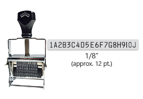 This 20 band custom Comet self-inking alphanumeric stamp has a character size of 1/8" and comes in 11 stunning ink color options. Orders over $45 ship free!