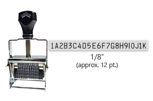 This 22 band custom Comet self-inking alphanumeric stamp has a character size of 1/8" and comes in 11 stunning ink color options. Orders over $45 ship free!