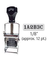 This 6 band custom Comet self-inking alphanumeric stamp has a character size of 1/8" and comes in 11 stunning ink color options. Orders over $45 ship free!