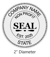 Customize this 2" Non Profit Round Stamp with your company name, date established, and state of business and choose from 6 mounts. Orders over $75 ship free!