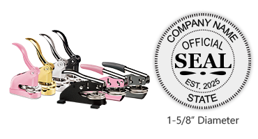 Customize this Official Embosser with your company name, date established, and state of business and choose from 7 mounts. Orders over $45 ship free!