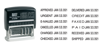 This stock 3/8" x 1-1/4" date stamp is equipped with 12 different phrases, a five-year band and a black ink pad. Use phrases and date together or separately.