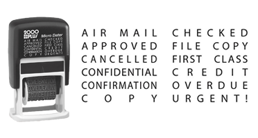 This self-inking message only stamp has 12 interchangeable messages in black ink. The character height is 5/32". Orders ship in 2-3 business days.