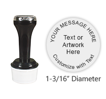 This permanent stamp is 1-3/16" in diameter with 5 lines of customizable text/artwork with a choice of 7 ink colors! Fast Drying. Orders over $45 ship free!