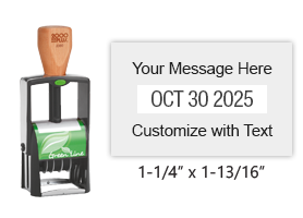 Customize this 1-1/4" x 1-13/16" heavy duty green line date stamp with 2 lines of text above/below the date. 11 ink colors. Ships in 1-2 business days!