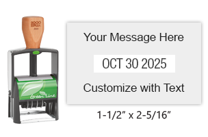 Personalize this 1-1/2" x 2-5/16" heavy duty green line date stamp with 3 lines of text above/below the date in 11 ink colors. Ships in 1-2 business days!