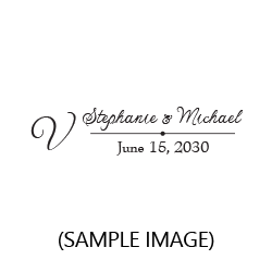 This stamp lays out your custom wedding names, surname initial & date in a thin script font on 4 mount options. Hand stamp requires ink pad, not included.