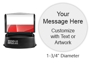 Personalize a custom quick drying 1-5/8" round stamp with 3 lines of text/artwork in one of 3 ink colors! Impressions are lasting. Orders over $45 ship free!