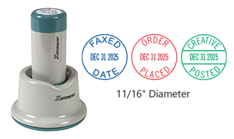 Customize this 11/16" round dater with up to 2 lines of text in your choice of 11 ink colors. Permanent and portable stamp solution. Includes 6 year bands.