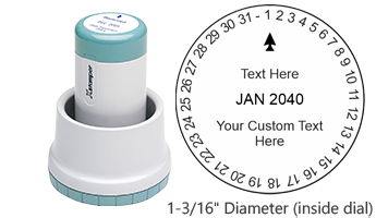 Xstamper® N77 Rotary Xpedater Date stamp, 2 colors w/ 11 color choices each. Impression size inside dial is 1-3/16" diameter w/ 3 lines of customization.