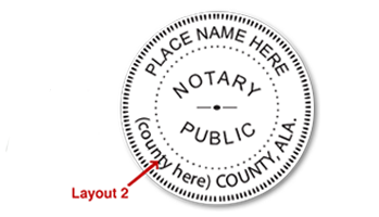 This notary public round stamp for the state of Alabama adheres to state regulations and features a custom field for county. Orders over $45 ship free!